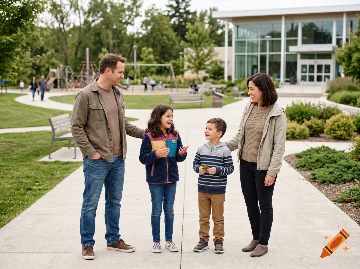 A family of four consisting of a mother, father, daughter, and young son standing outside on a walkway near a modern building and playground, smiling and interacting.