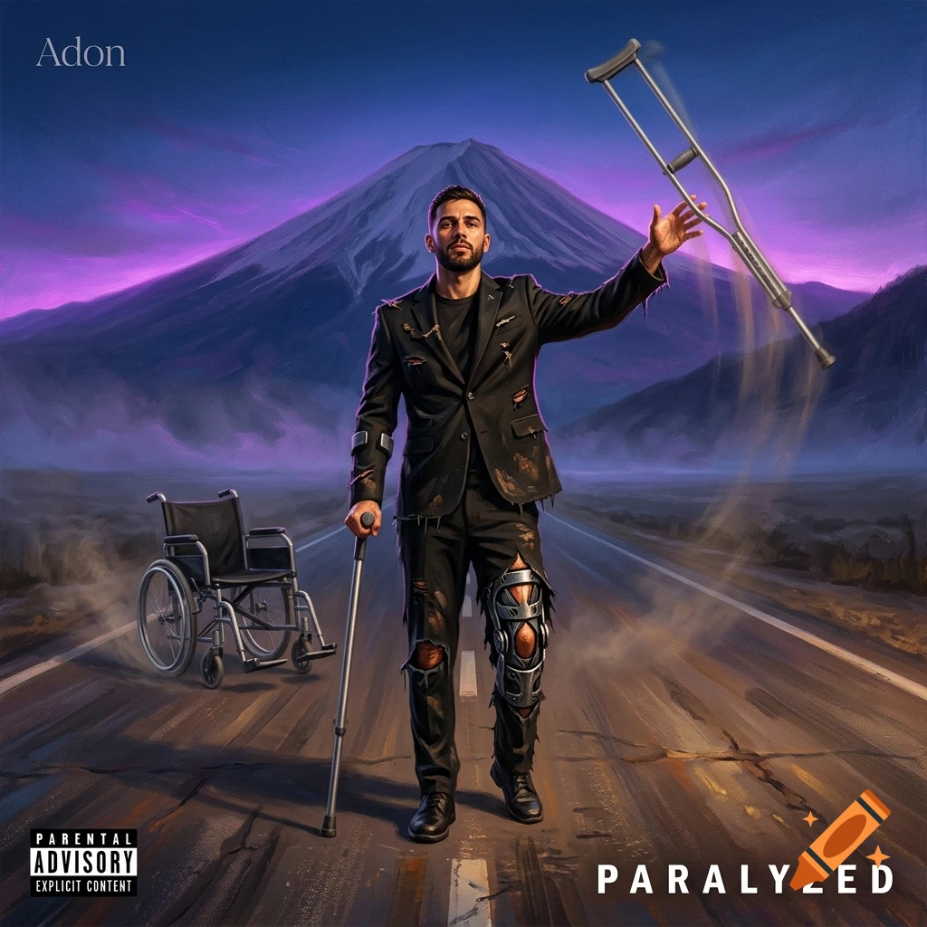 Digital oil painting of a man standing on a highway with a crutch and wheelchair, dramatic twilight mountain background.