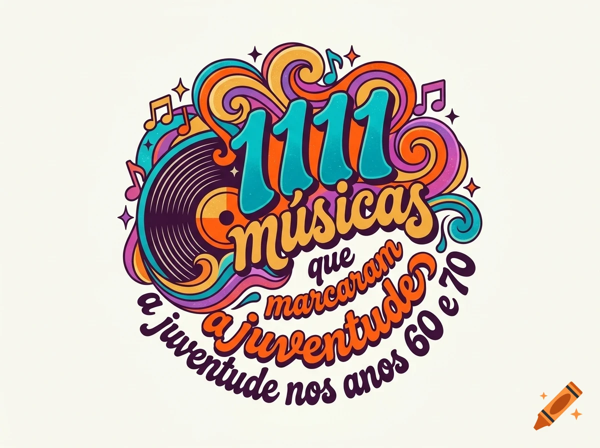 Colorful retro design with a vinyl record, musical notes, and the Portuguese text 1111 musicas que marcaram a juventude nos anos 60 e 70 in a groovy font style.