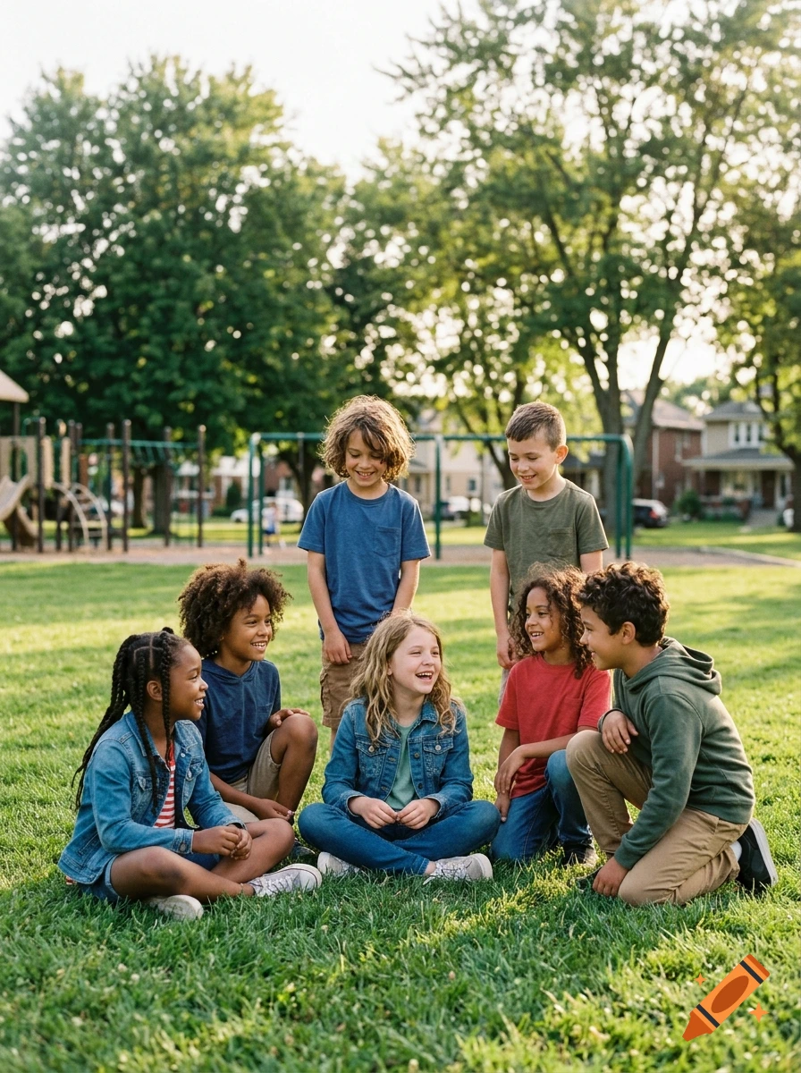 Several diverse children sitting and smiling together on the grass in a park.