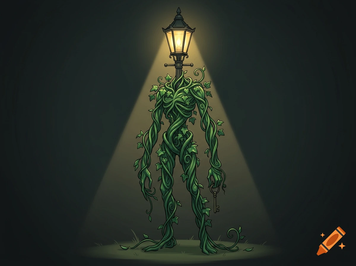 Digital drawing of a humanoid fantasy creature made of green vines with a Victorian lamppost for a head, holding a key.