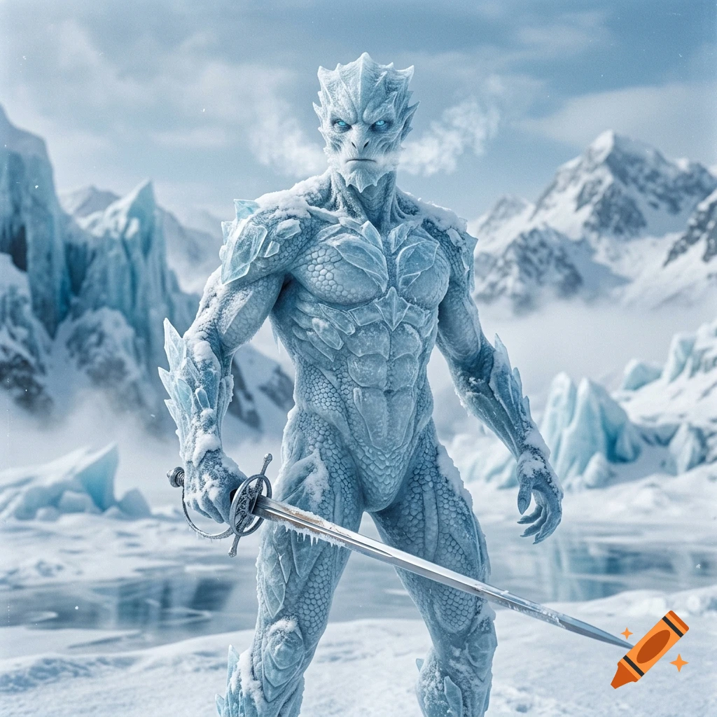 An icy rimekin warrior with glowing blue eyes holding a rapier, standing in a snowy mountain landscape.