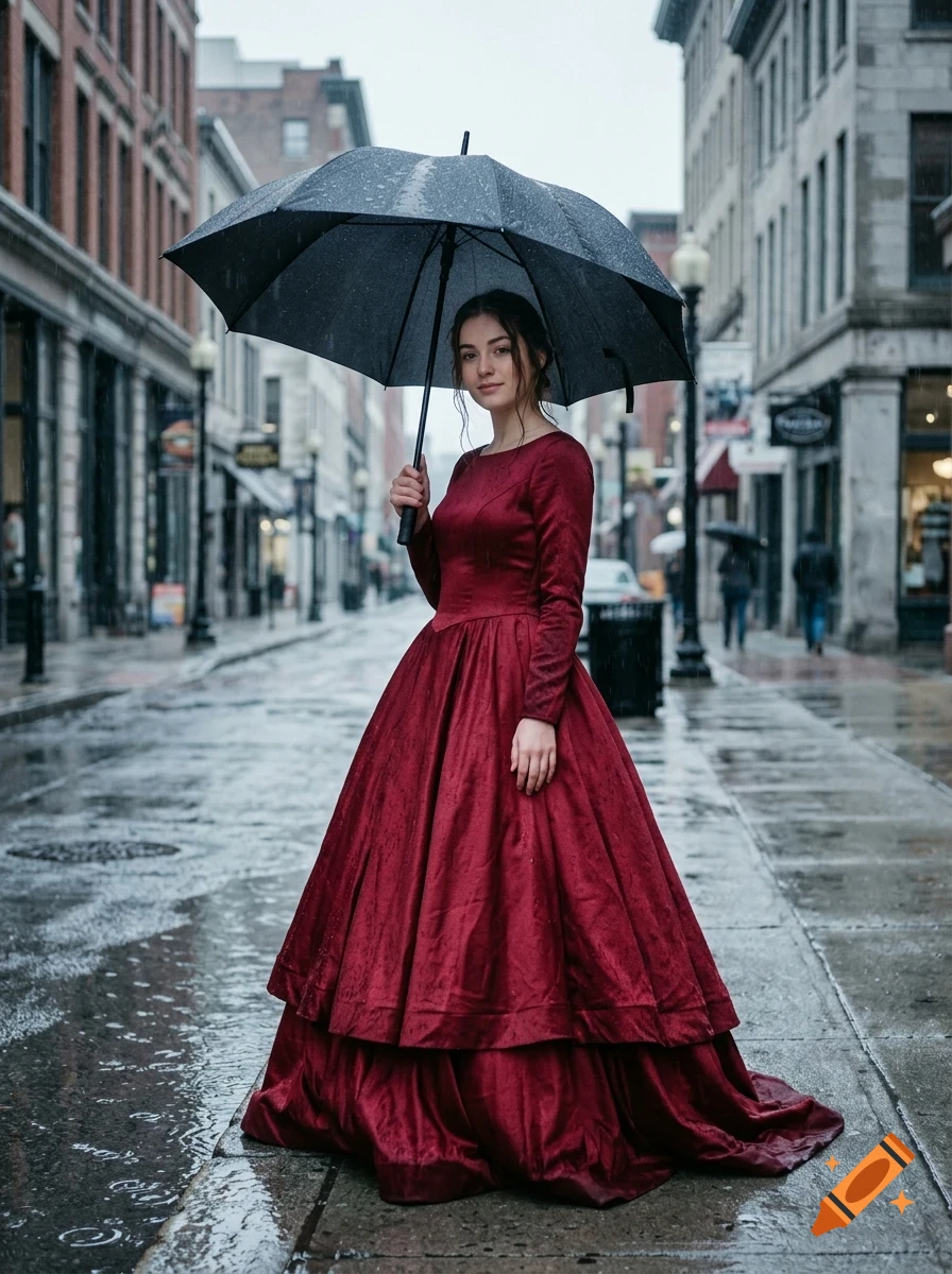 A woman in a long red dress holding a black umbrella stands on a wet city street.
