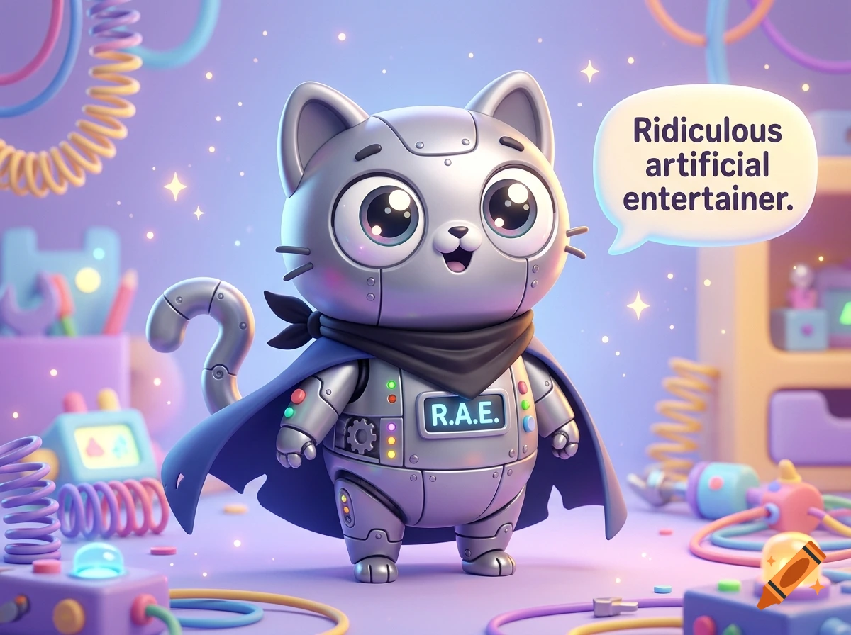 Digital 3D illustration of a cute grey cat robot with a cape and bandanna, holding a speech bubble that says Ridiculous artificial entertainer.