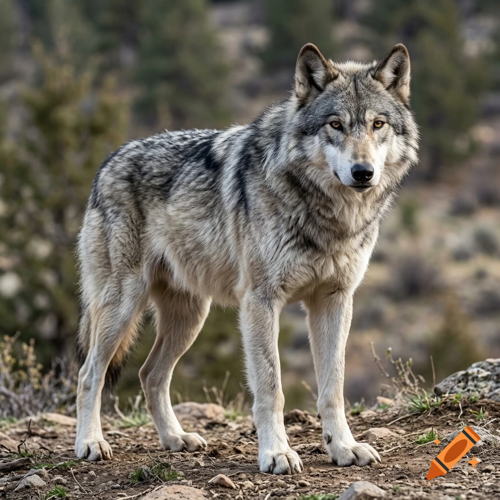 Photorealistic image of a gray wolf standing alert on a rocky, dirt-covered hillside with a blurred forest background.