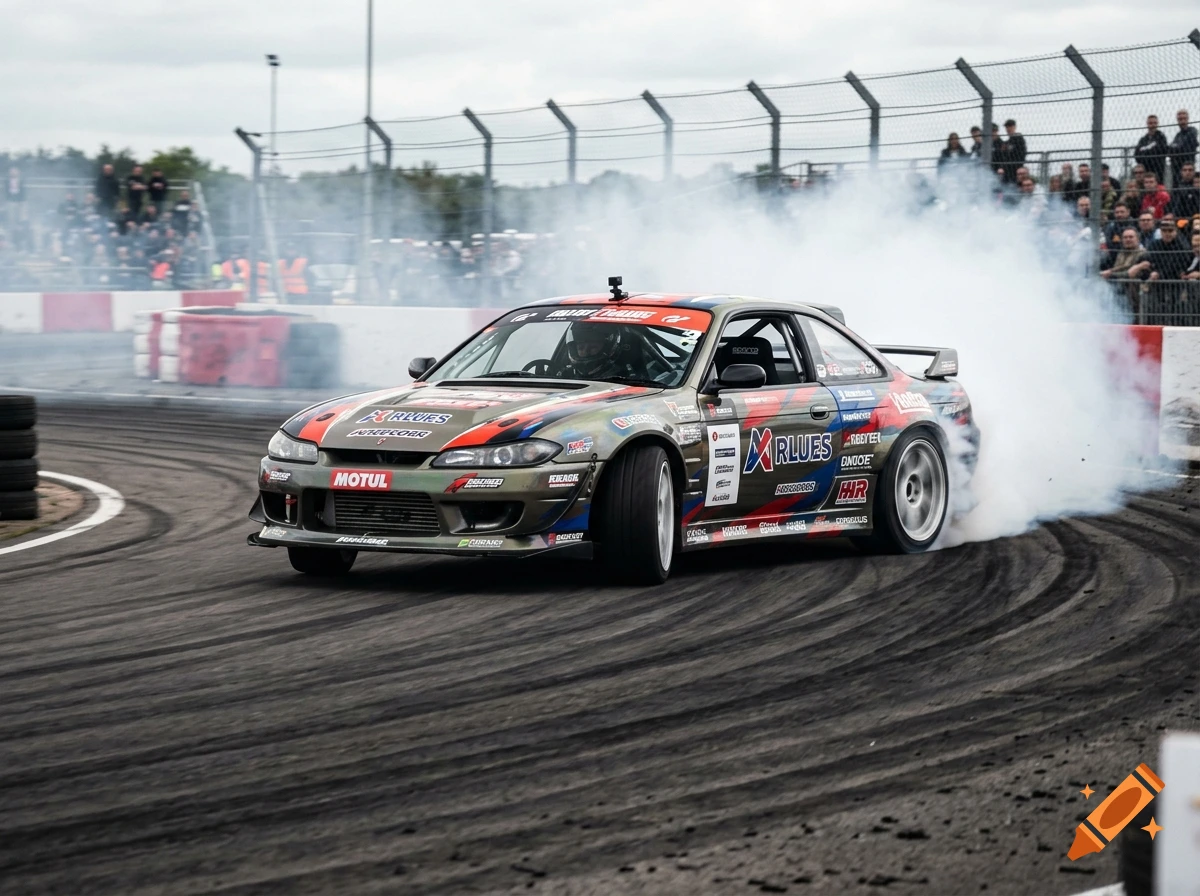 A grey drift car sliding on a track with white tire smoke billowing, captured in a photorealistic action shot.