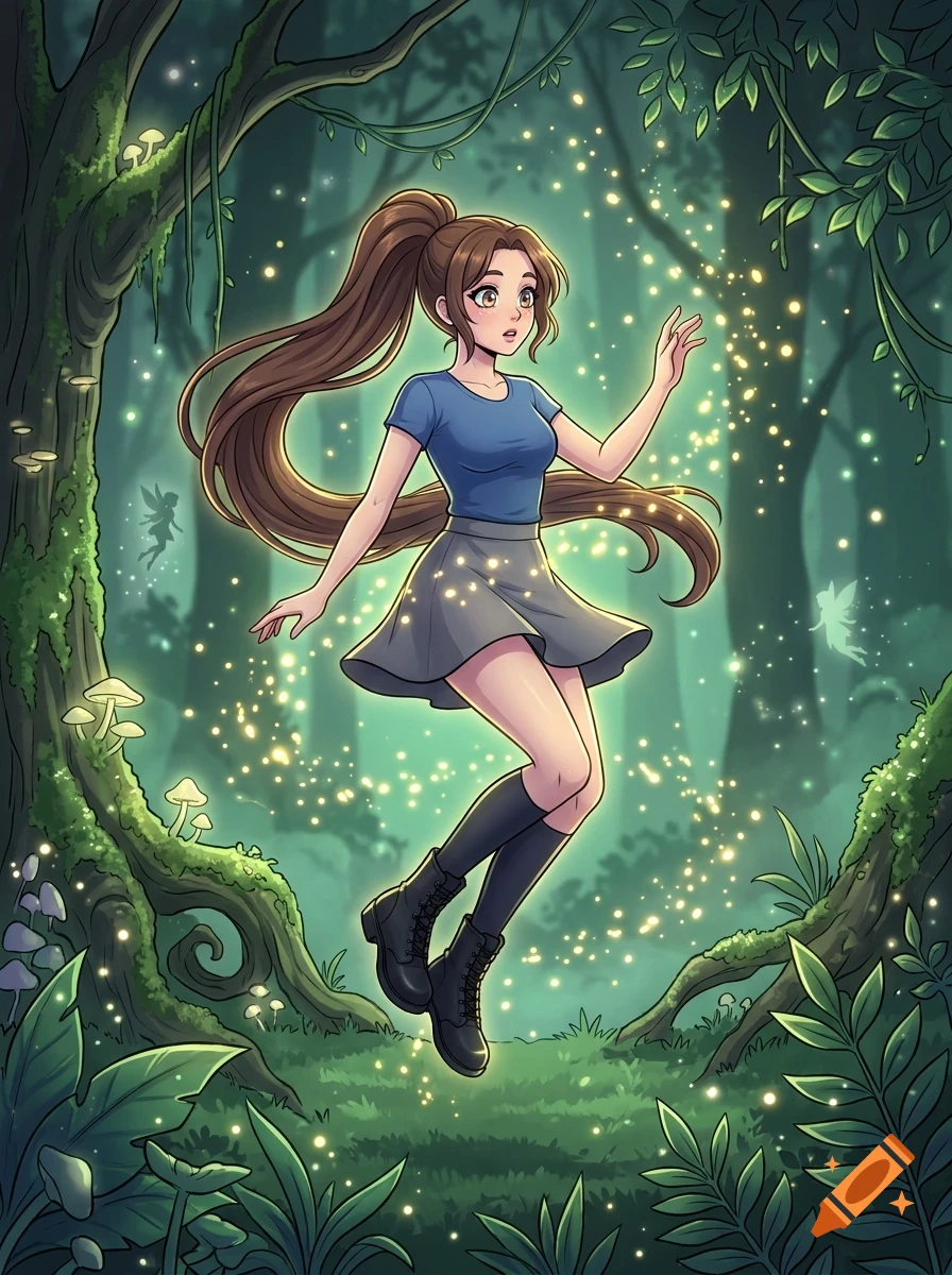An anime-style digital illustration of a young woman with long brown hair floating in a glowing magical forest surrounded by tiny fairy lights.