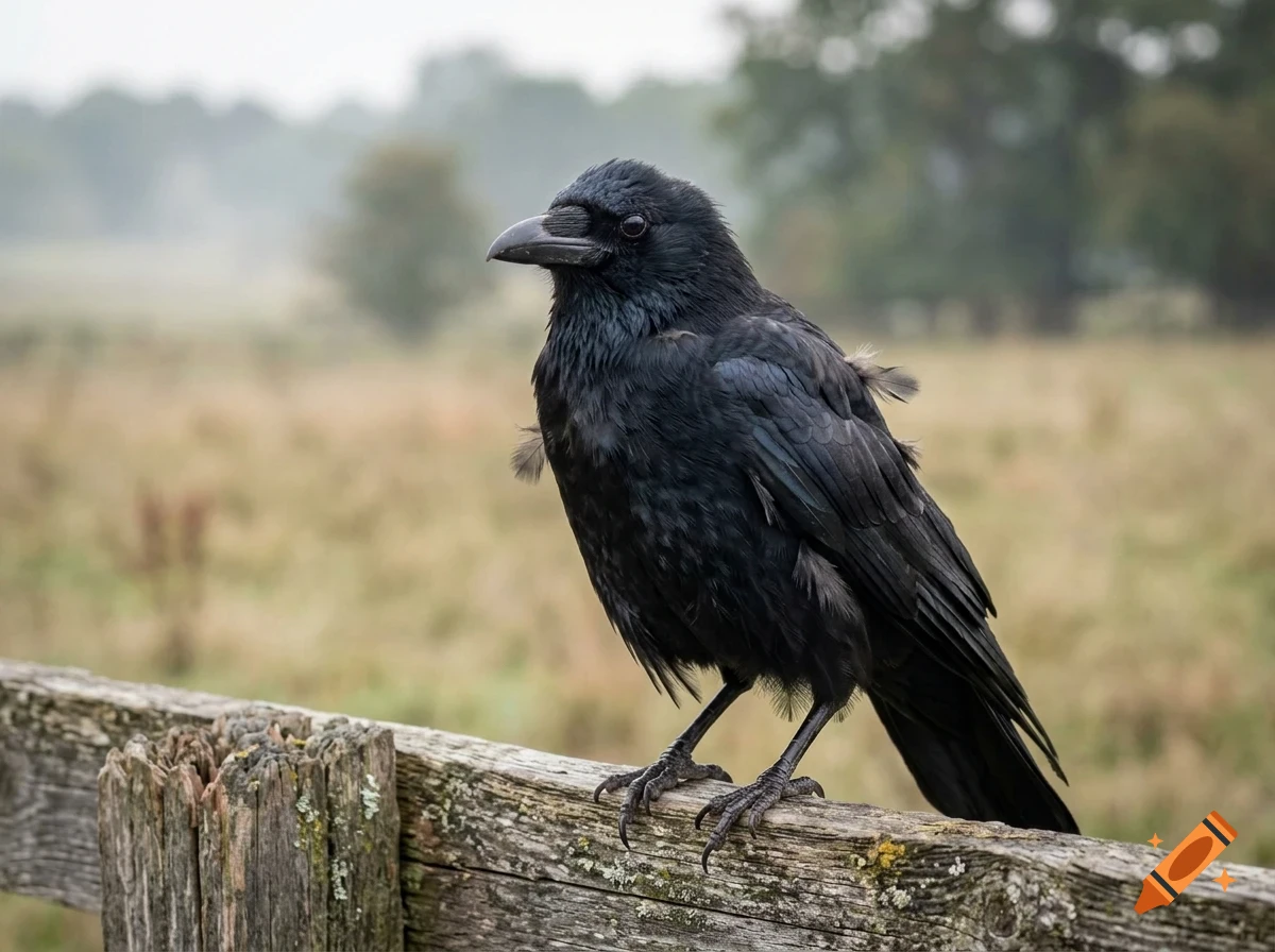A black crow perched on a wooden fence outdoors.