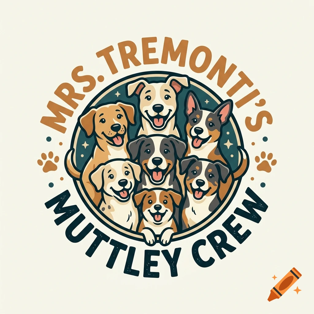 Vector logo illustration of seven cheerful dogs inside a circular frame with text reading 'MRS. TREMONTI'S MUTTLEY CREW'.