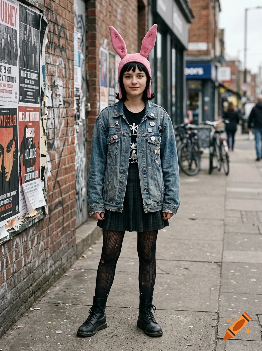 Full-body photograph of a teenage girl wearing a pink rabbit ear hat, denim jacket, and plaid skirt standing on a city sidewalk.