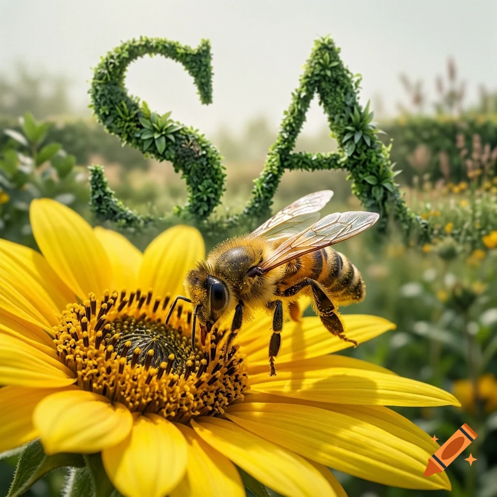 A close-up shot of a bee on a bright yellow sunflower with topiary letters in the background.