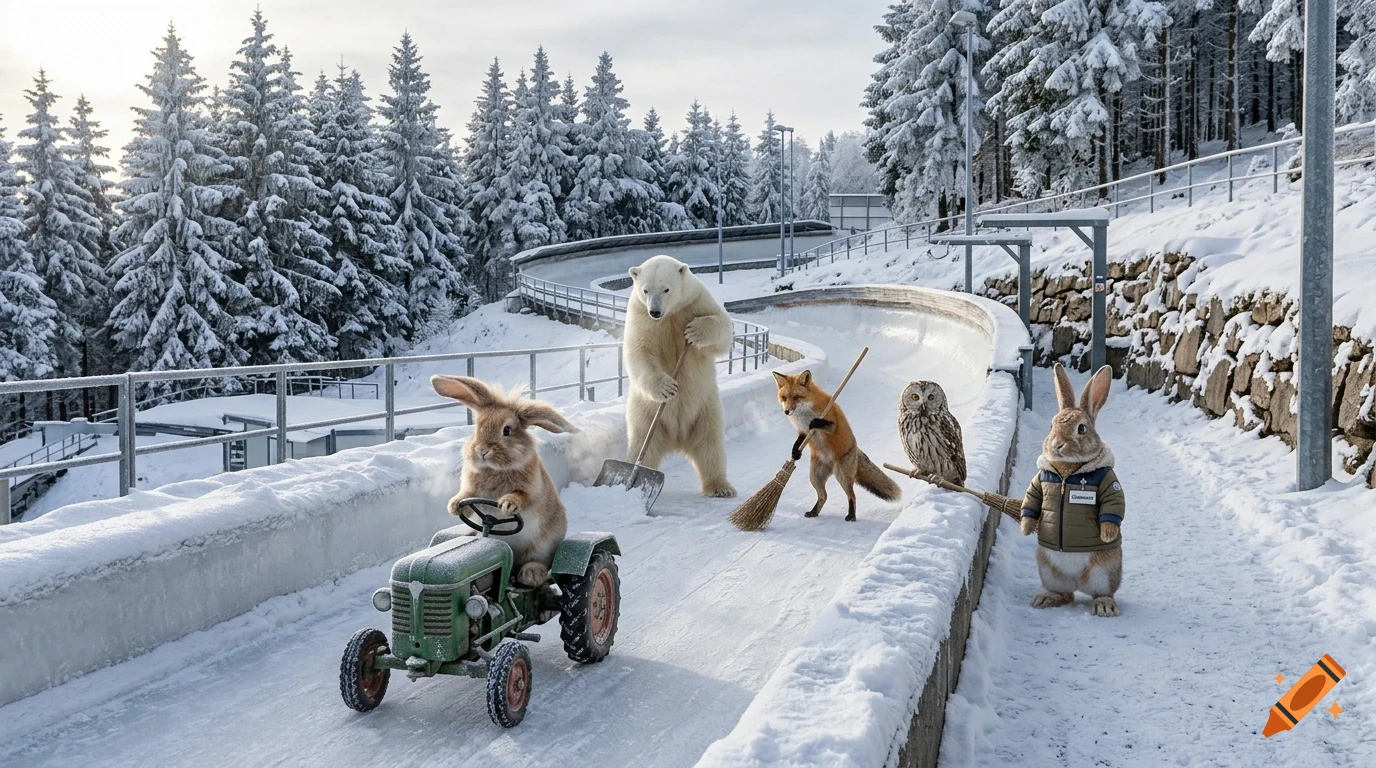An anthropomorphic rabbit drives a small green tractor on a snowy bobsleigh track, while a polar bear shovels snow, a fox sweeps, an owl watches, and another rabbit stands nearby, surrounded by snow-covered pine trees.