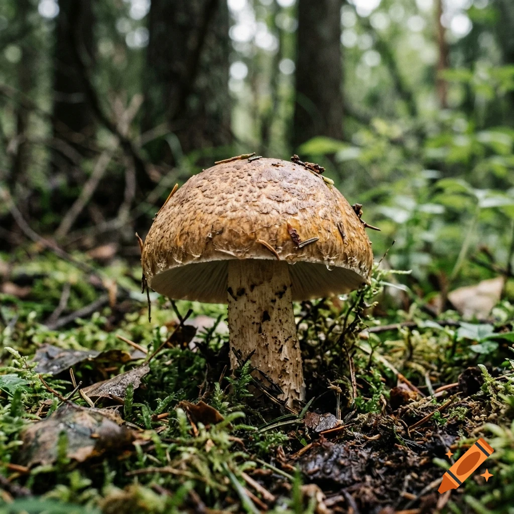 A close-up shot of a single brown mushroom growing on the forest floor, surrounded by moss, twigs, and fallen leaves, with blurred trees in the background.