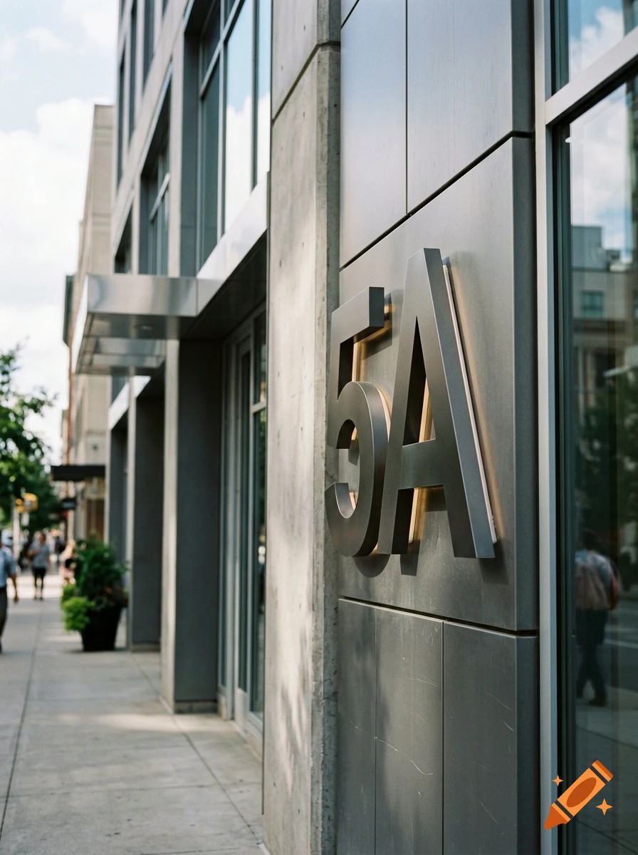 Photorealistic street-level view of a modern building facade with large metal numbers '5A' mounted on the wall.