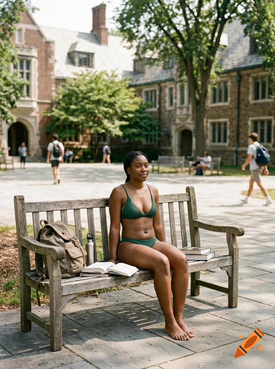 A young Black woman sitting on a wooden bench on a university campus quad, wearing a green bikini, with a backpack, water bottle, and books beside her.