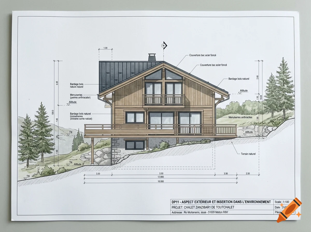 An architectural drawing of a chalet with wooden siding, a dark roof, and elevation measurements, set against a watercolor landscape background.