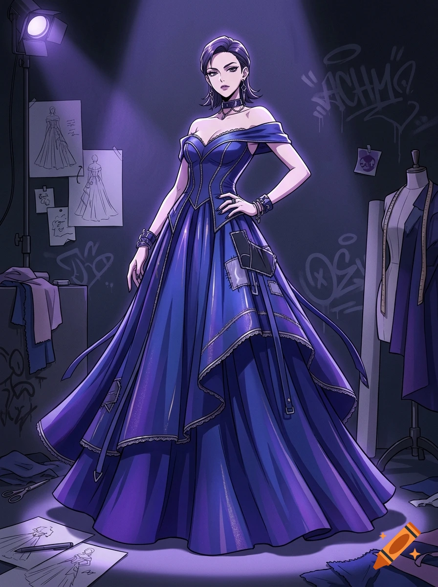 Anime style illustration of a woman in a long indigo off-shoulder dress standing in a fashion workshop.