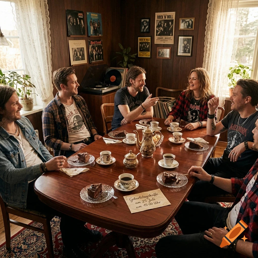 A group of six friends sitting around a wooden table in a cozy, wood-paneled room, enjoying coffee and cake.