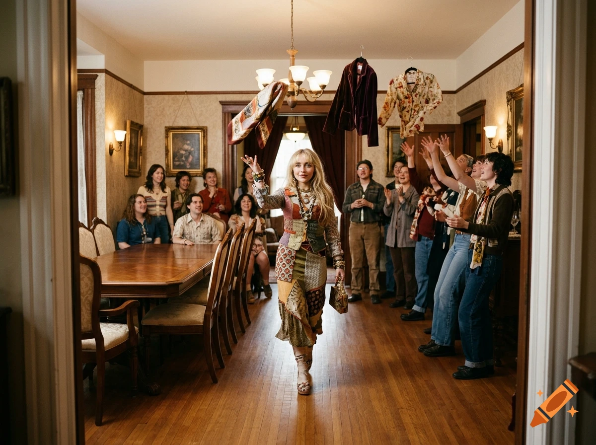 Photorealistic image of Sabrina Carpenter walking through a dining room, throwing vintage clothing to a crowd.