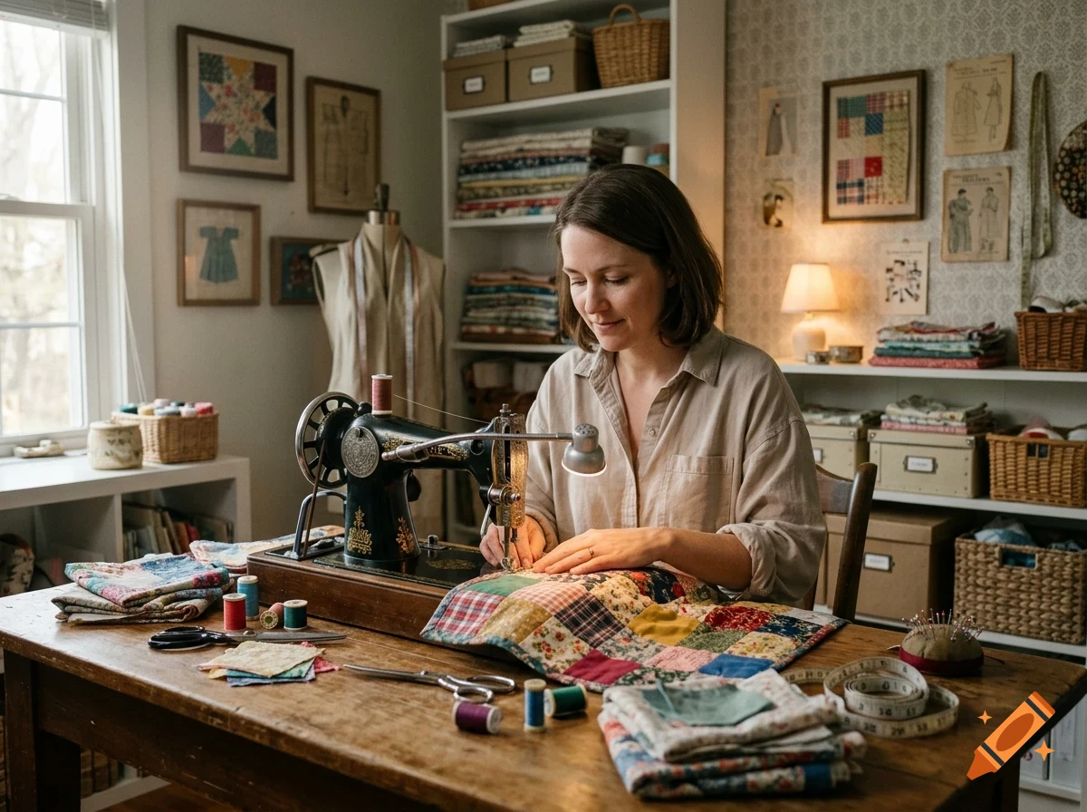 A woman working at a vintage sewing machine in a craft room filled with fabrics and sewing supplies.