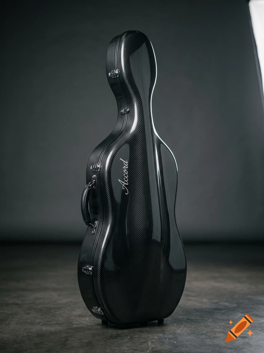 A black carbon fiber cello case stands upright on a dark surface against a neutral background.