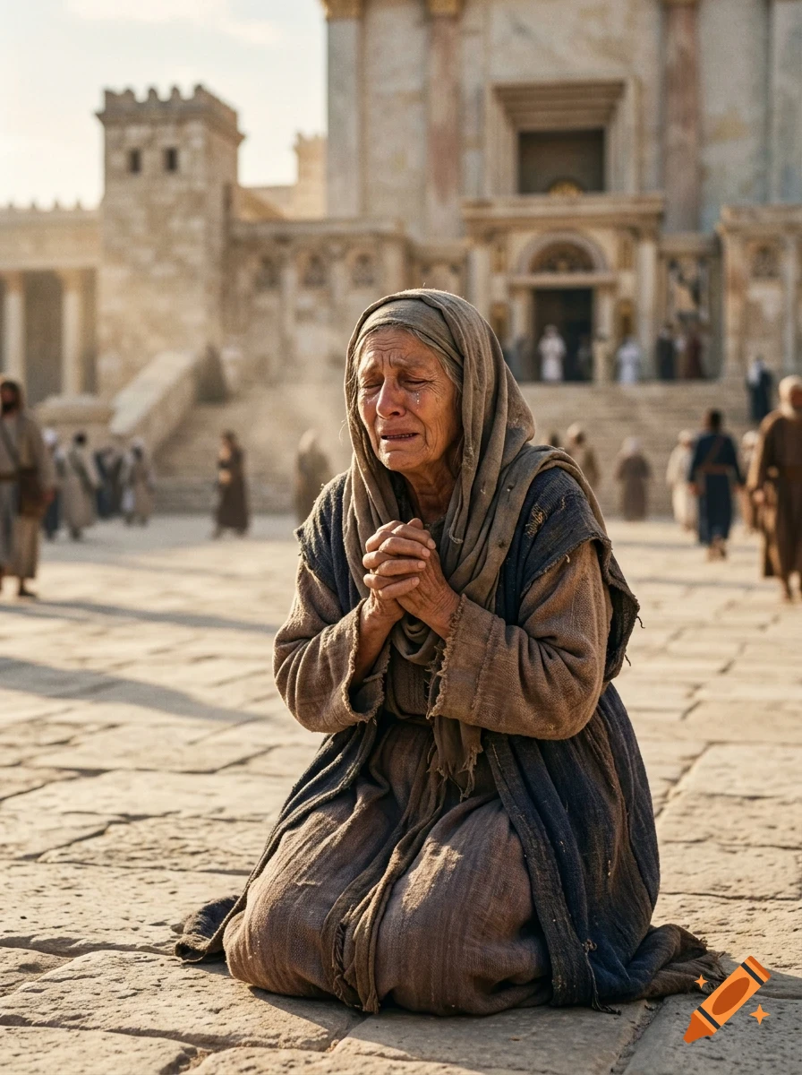 An elderly woman kneeling on stone pavement with her hands clasped in prayer and a tearful expression, in front of ancient stone buildings.