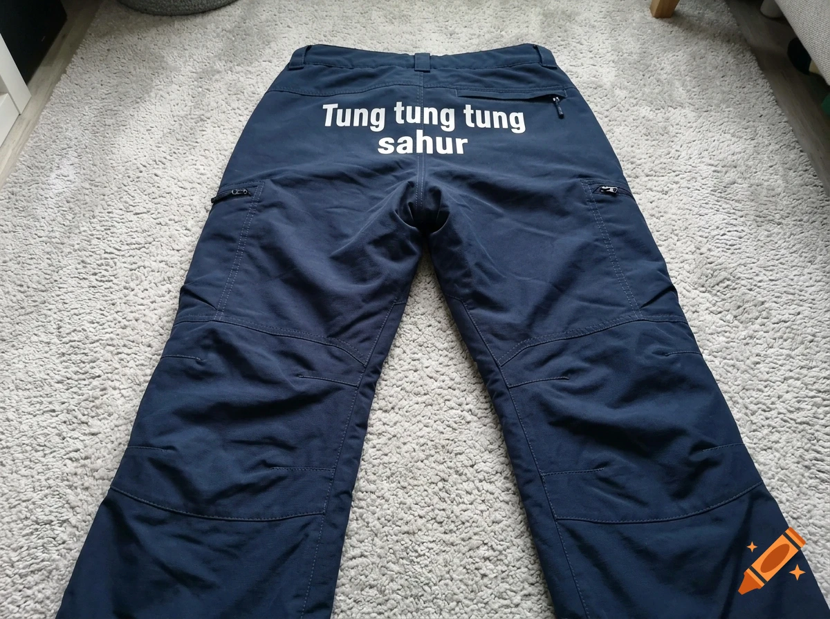 A pair of dark blue cargo trousers laid out flat on a light-colored carpet, with white text printed across the back reading "Tung tung tung sahur".