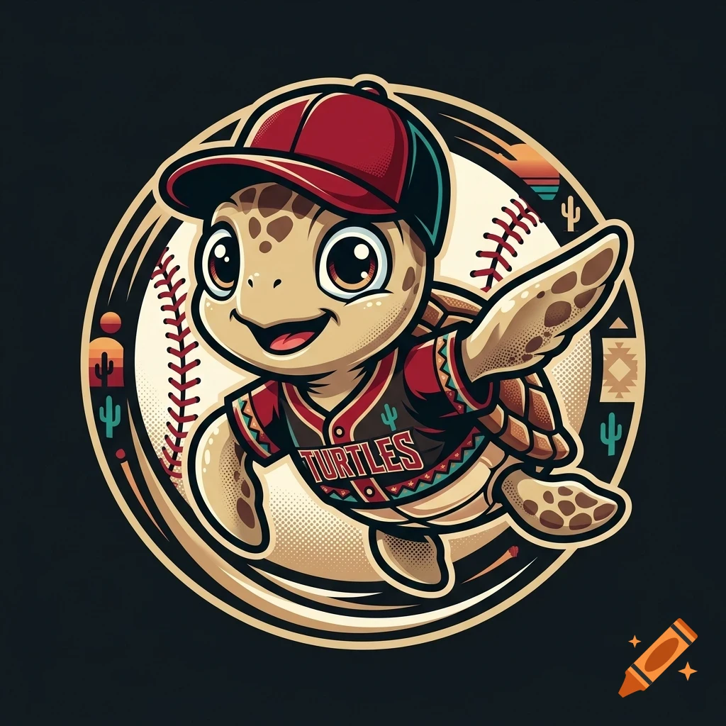 An illustrated cartoon turtle wearing a baseball cap and jersey, posed within a circular badge featuring a baseball design.