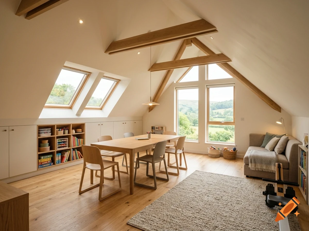 A bright attic playroom featuring wooden beams, a large table with chairs, built-in shelving, and a small sofa under a slanted ceiling with skylights.