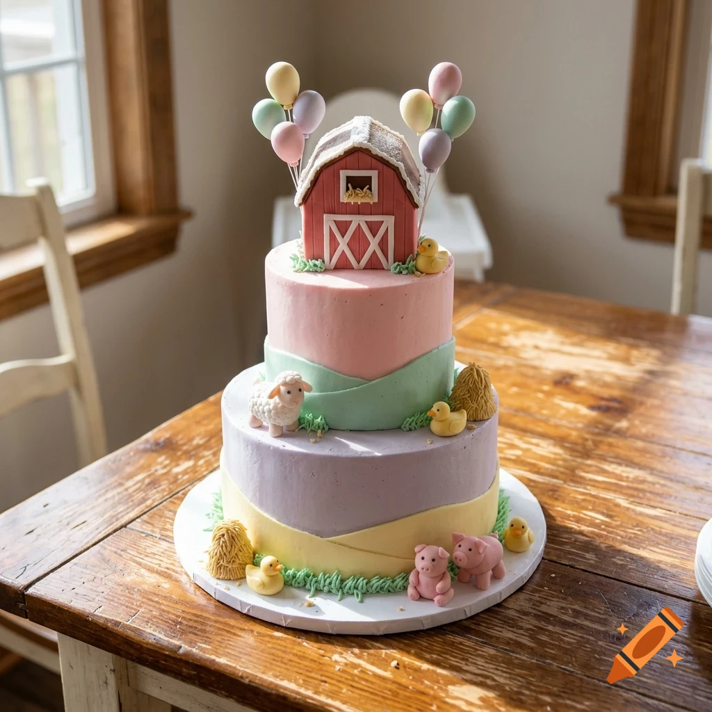 A multi-tiered pastel-colored cake decorated with farm animal figurines, a barn topper, and miniature balloons, sitting on a wooden table.