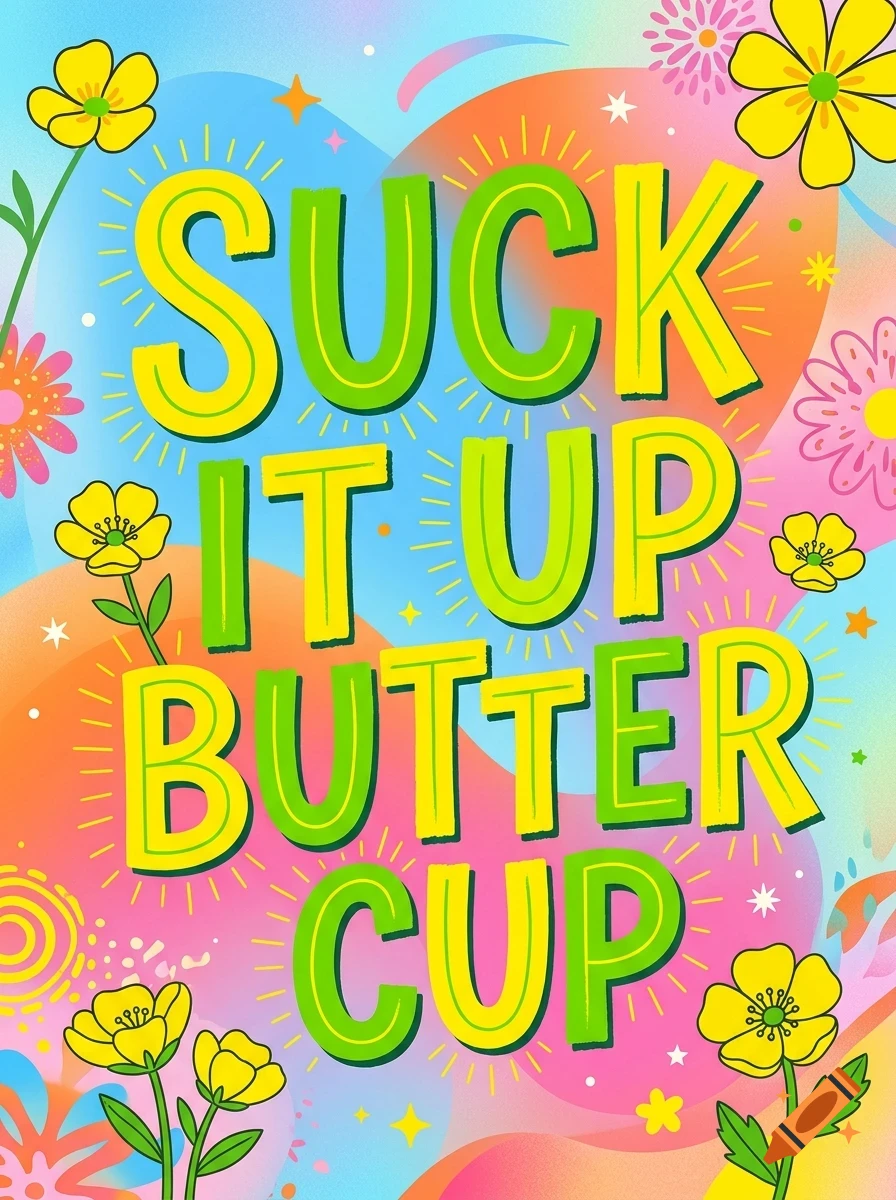 A colorful digital illustration featuring the text SUCK IT UP BUTTER CUP in bold green and yellow lettering, surrounded by flowers, abstract shapes, and a vibrant pastel background.