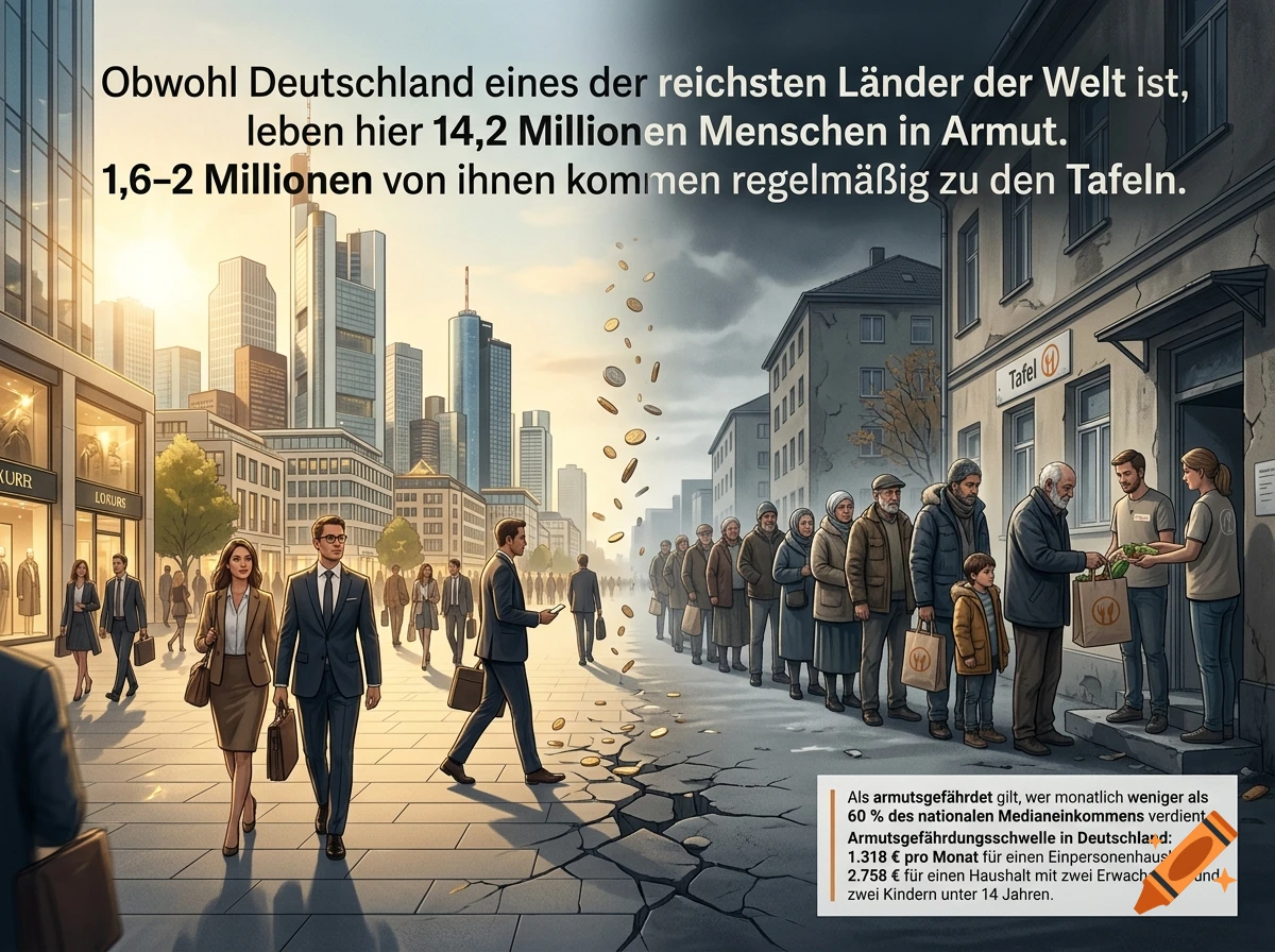 Split-view illustration comparing wealthy people in a sunny modern city with impoverished people waiting in line for food donations.