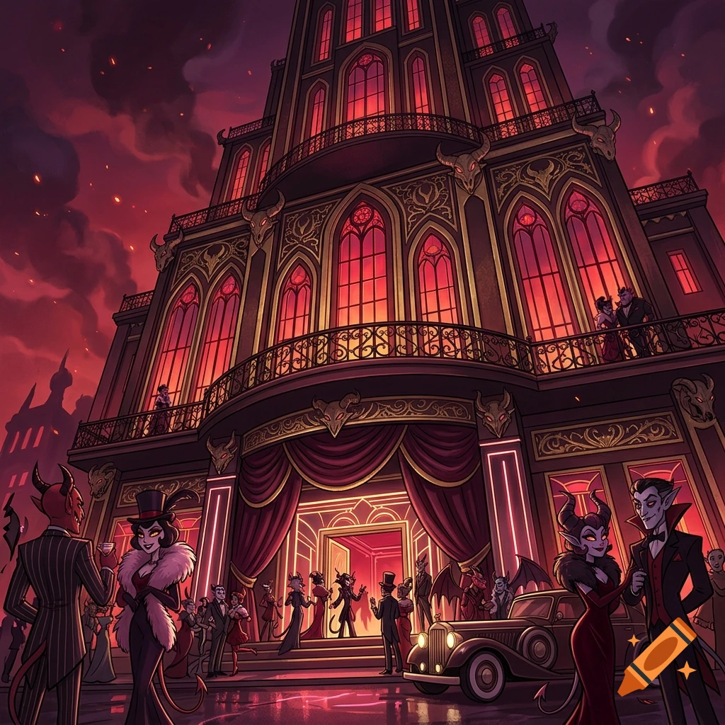 An animated illustration of a grand Gothic hotel with red windows and demons gathered outside under a red sky.