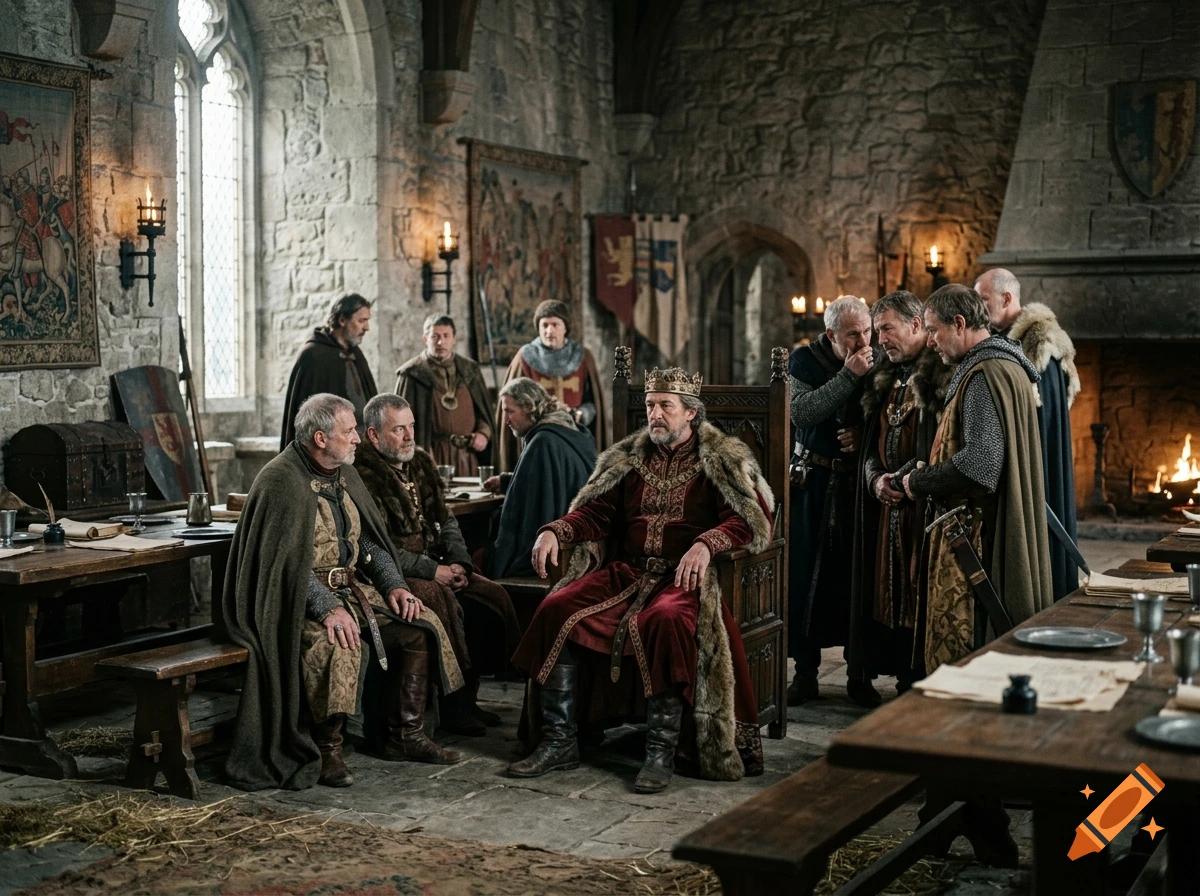 Photorealistic scene of a medieval king sitting on a throne in a stone hall surrounded by his lords and advisors.