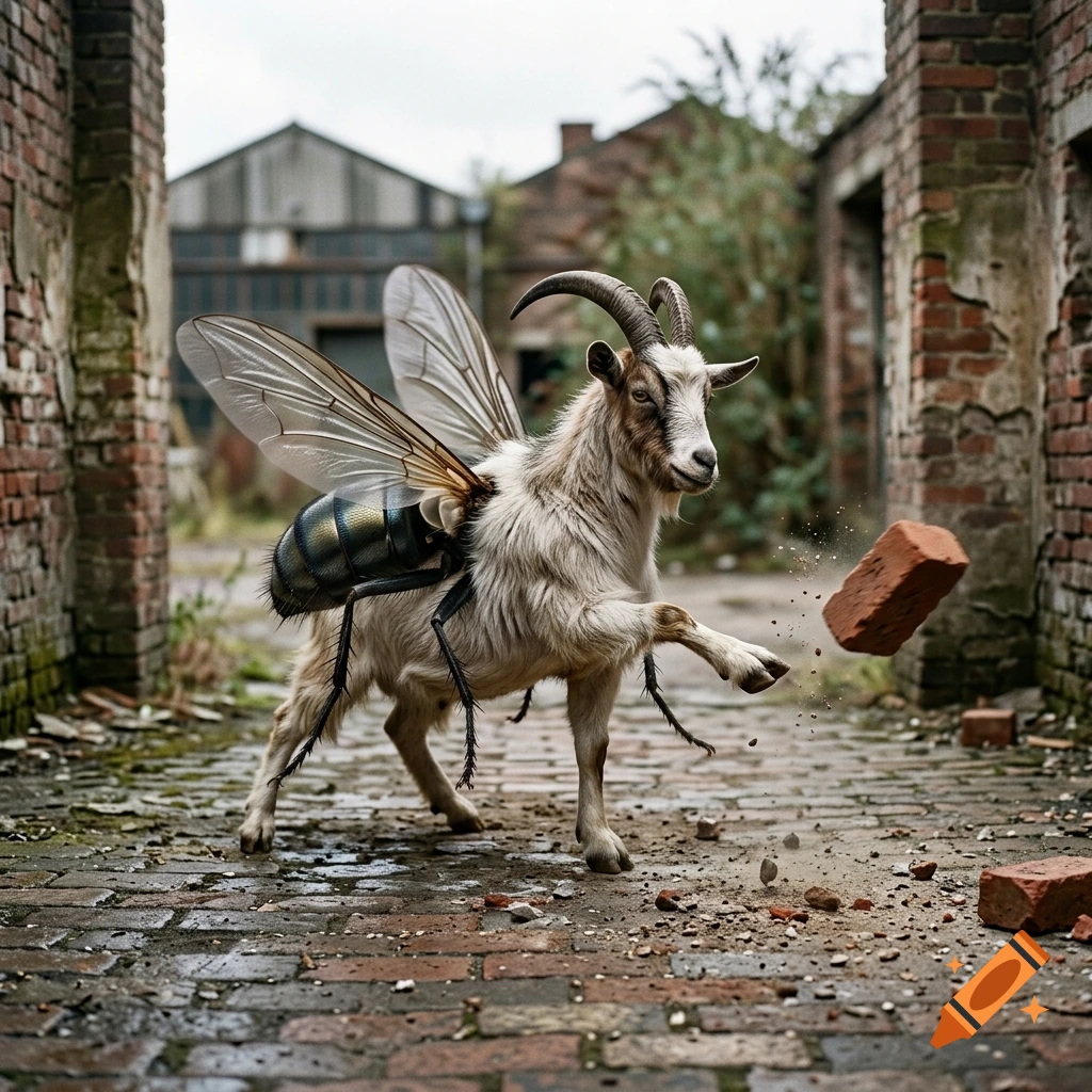 Photorealistic hybrid creature of a goat and a fly throwing a brick in an abandoned brick courtyard.
