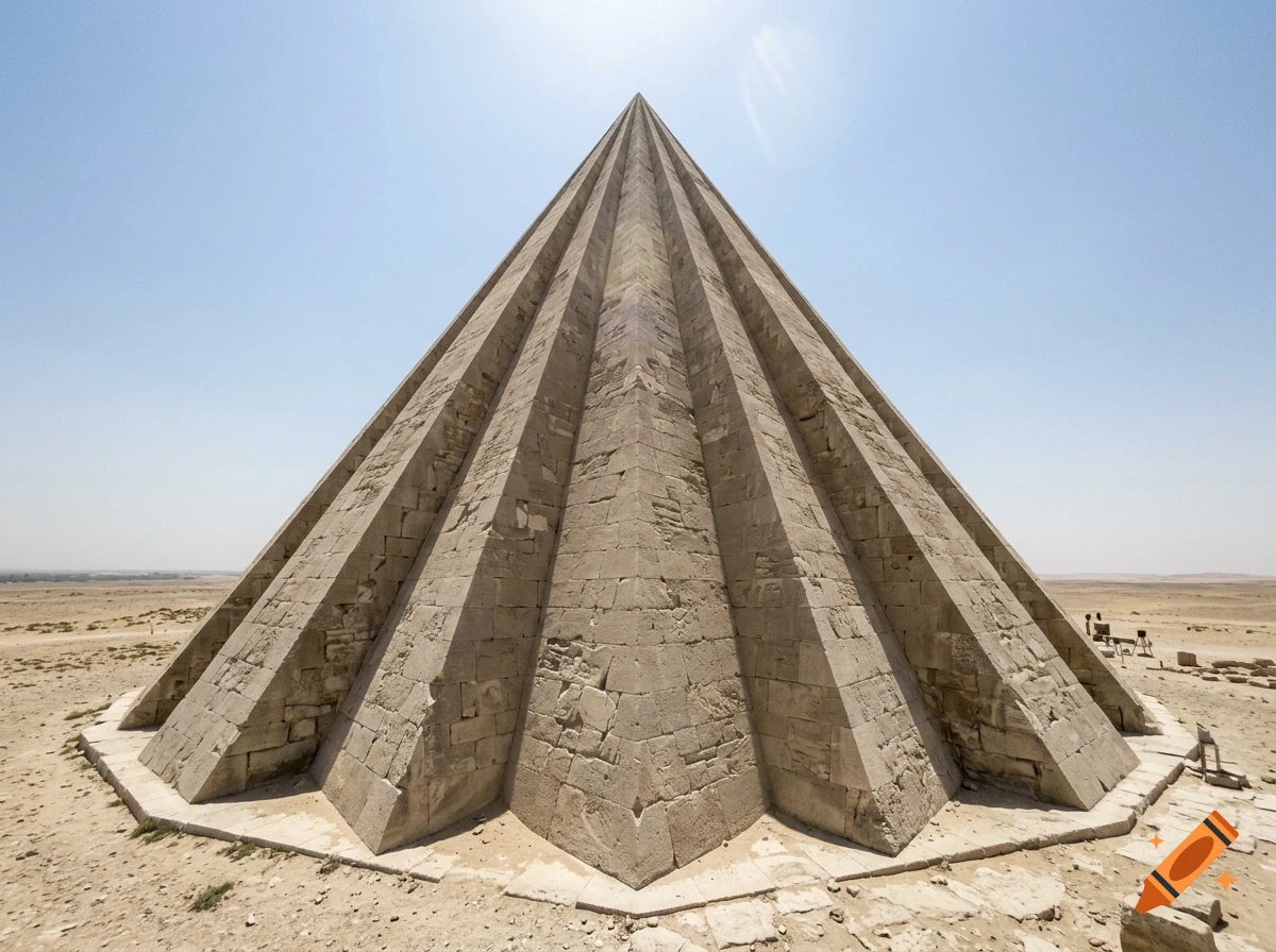 A photograph showing the stone pyramid of Djedkare Isesi, an ancient Egyptian monument with distinct ribbed sides, standing in the desert under a clear sky.