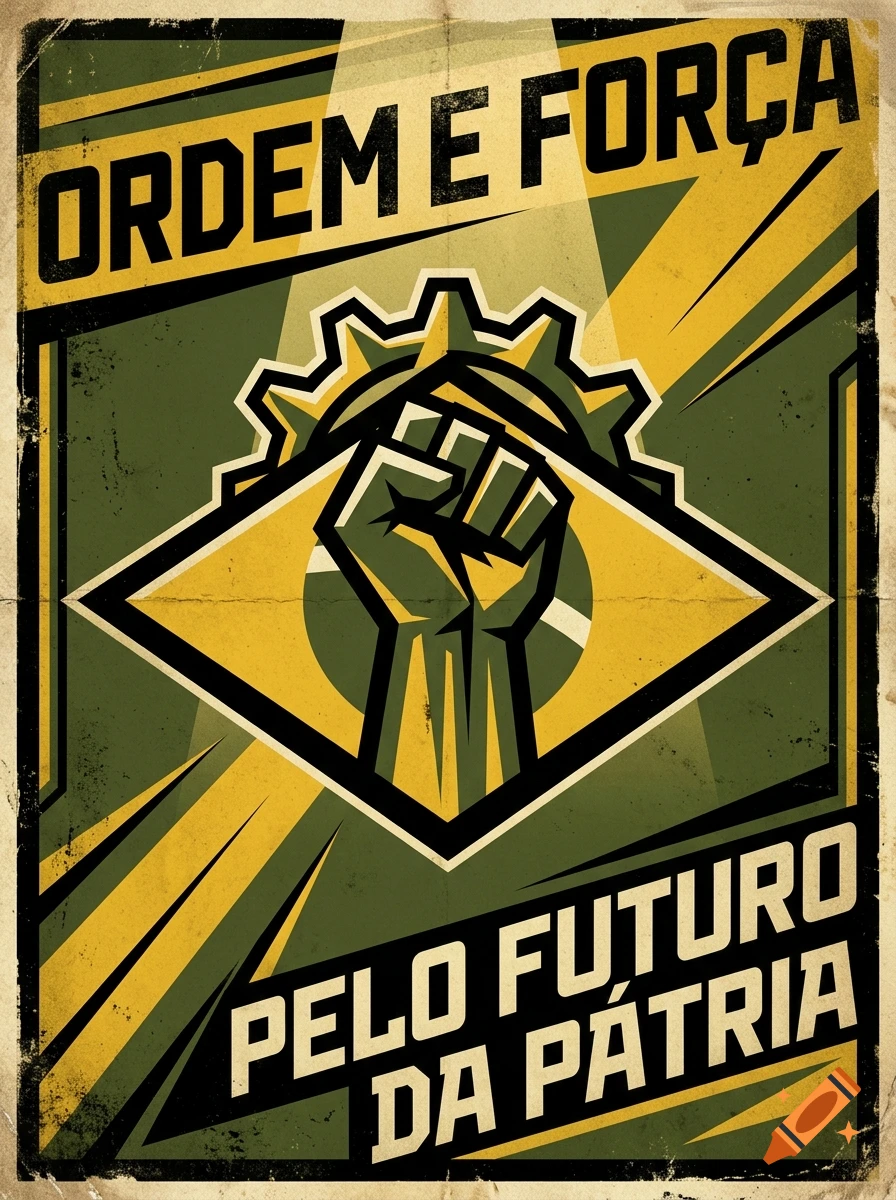 A political propaganda poster in constructivist style with an iron fist, featuring the text 'ORDEM E FORÇA' and 'PELO FUTURO DA PÁTRIA'.