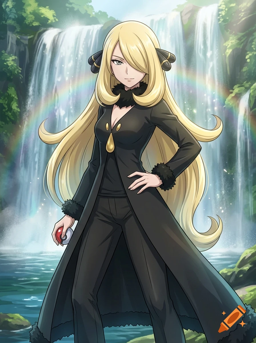 An anime-style illustration of a blonde-haired woman in a black outfit holding a Poké Ball in front of a waterfall.