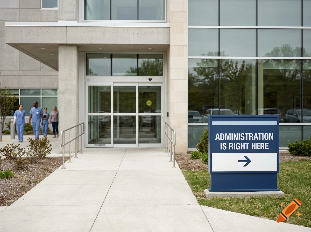 Photorealistic exterior of a modern hospital entrance with a directional sign reading ADMINISTRATION IS RIGHT HERE pointing to the doors.