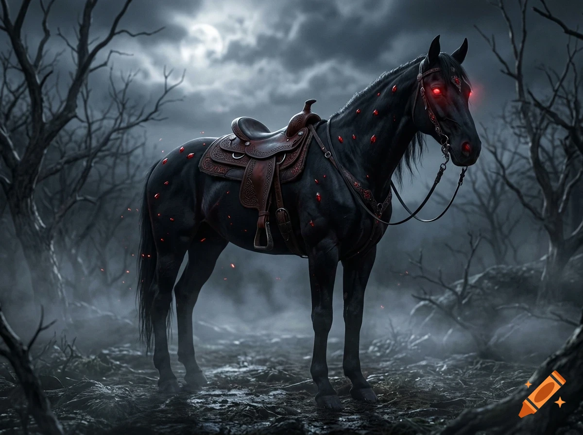 A black horse with glowing red eyes and red crystal-like spots on its coat stands in a dark, foggy forest under a moonlit sky.
