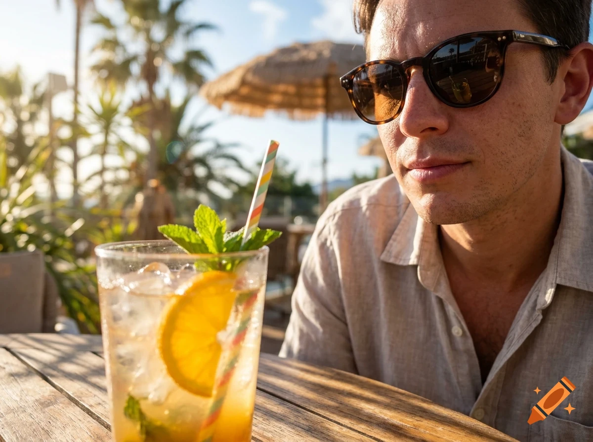 A man wearing sunglasses seated at an outdoor table with a cocktail drink garnished with mint and orange slice in the foreground.