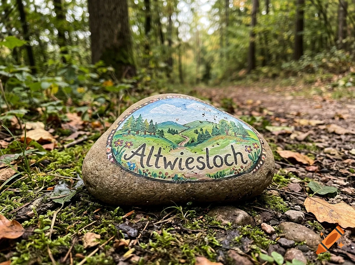 A painted rock resting on a forest floor, depicting a landscape scene with hills, trees, and the text Altwiesloch.