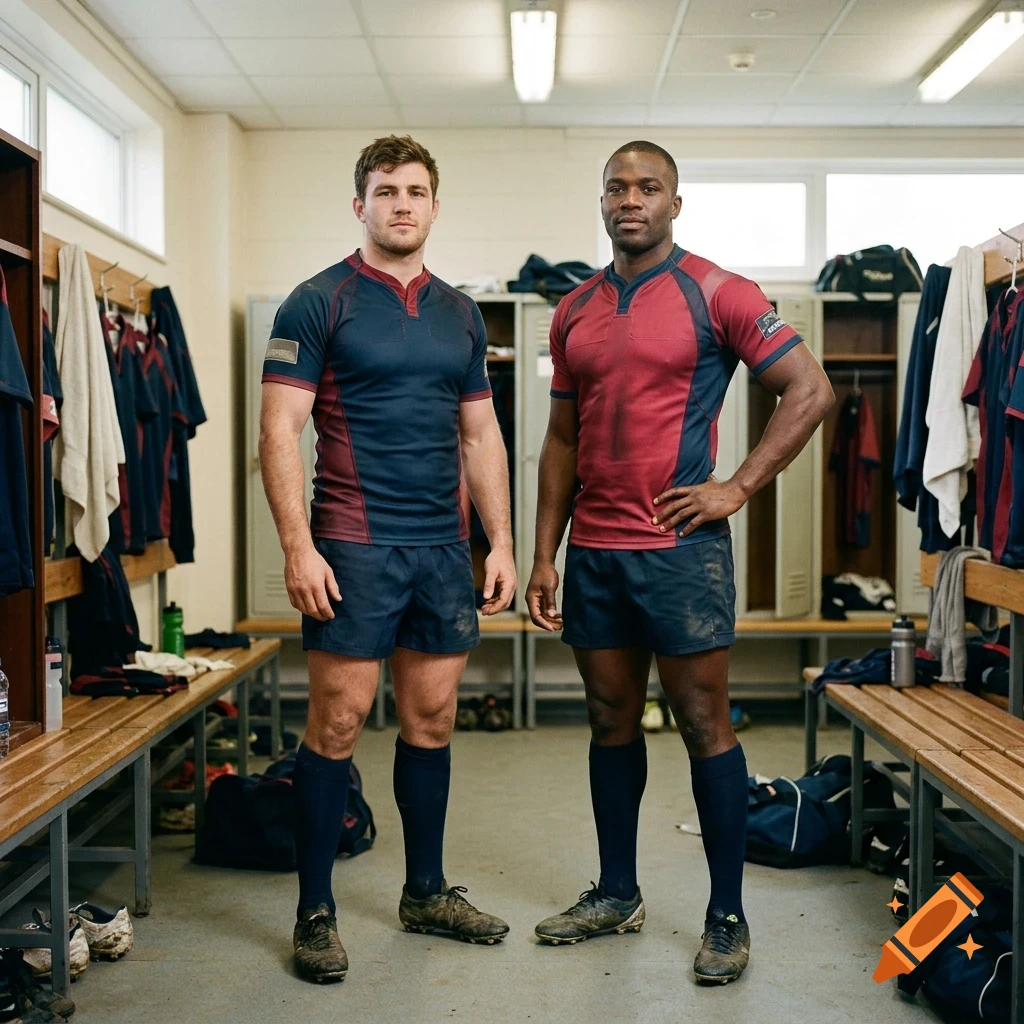 Two rugby players in matching team kits stand side by side inside a locker room.