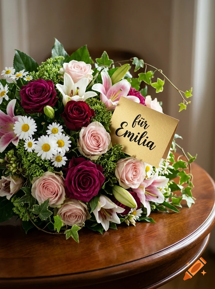 A lush floral arrangement containing roses, lilies, and daisies with a gold card reading "für Emilia" placed on a wooden table.