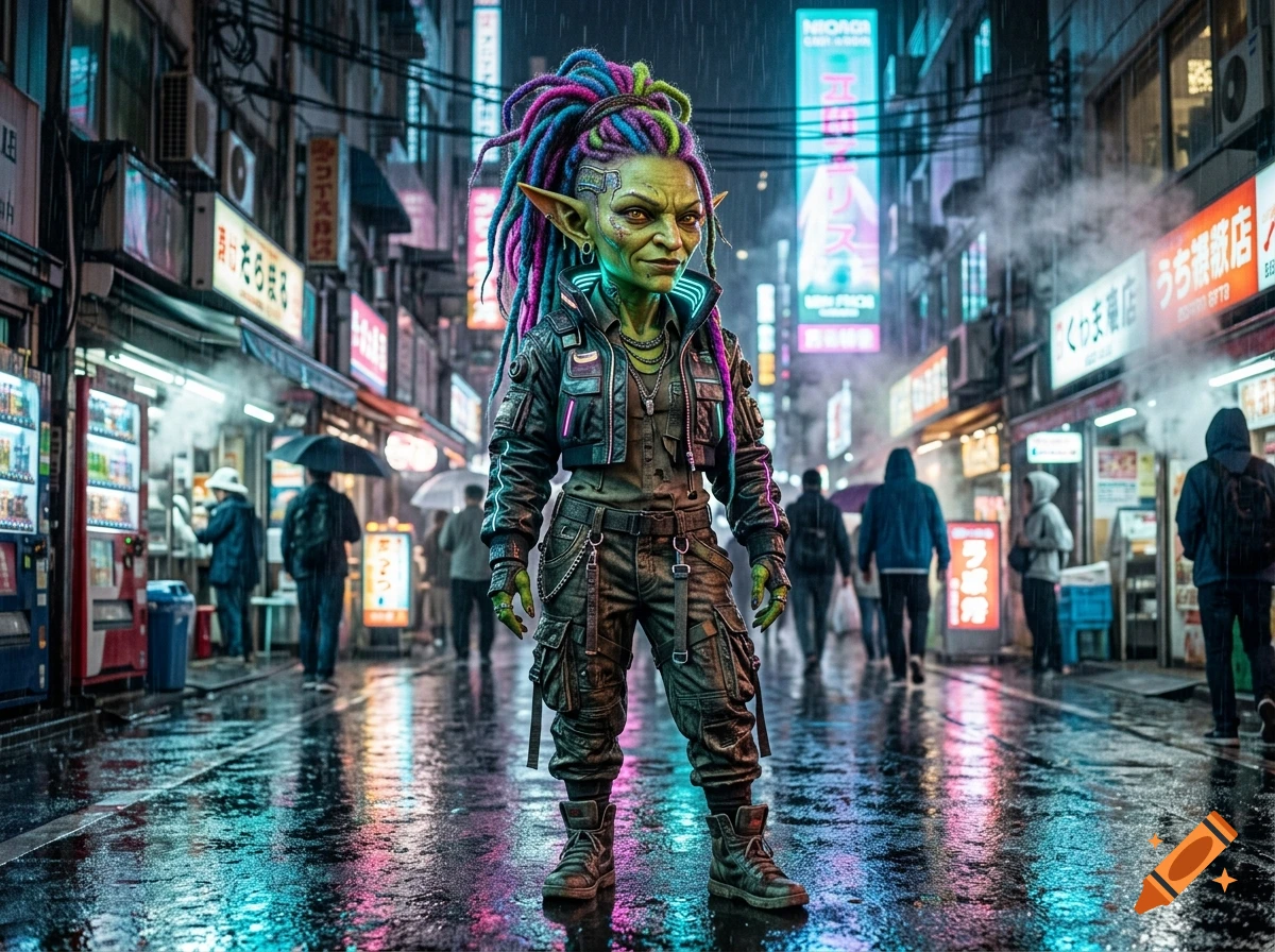 A cyberpunk goblin woman with colorful dreadlocks and tactical streetwear standing in a neon-lit rainy street.