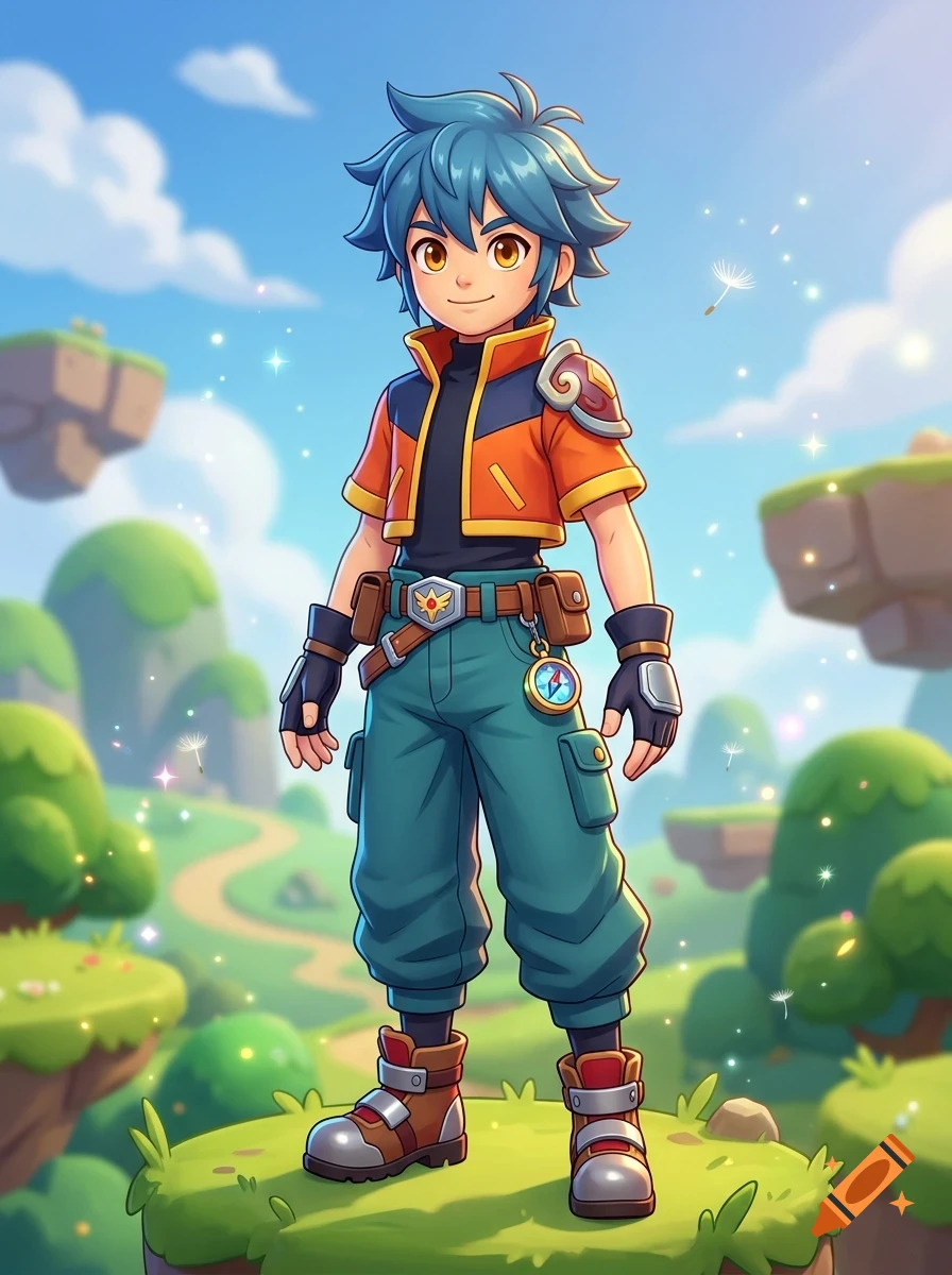 An anime-style character with blue hair, an orange and black jacket, and teal cargo pants standing on a floating grassy island under a sunny sky.