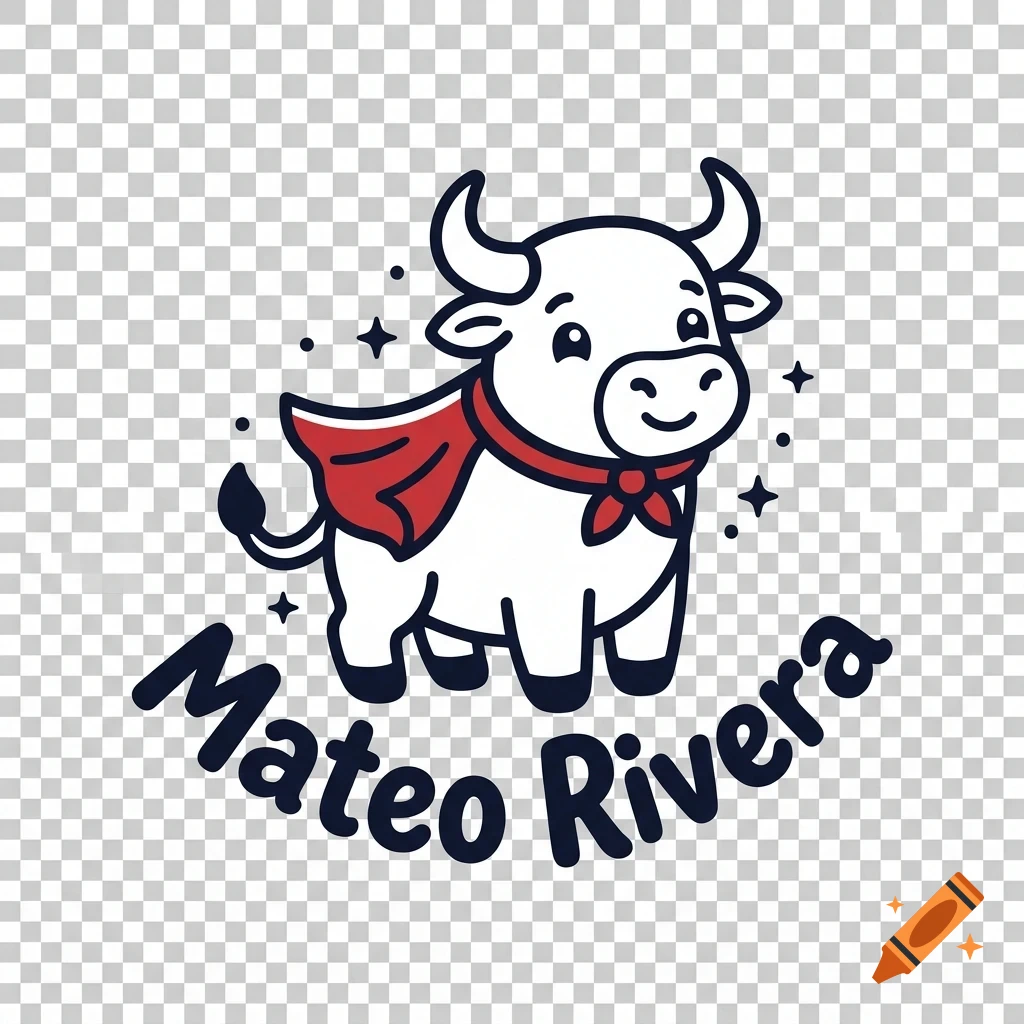 Cartoon illustration of a cute white bull wearing a red cape, surrounded by little stars, with the name Mateo Rivera written below.
