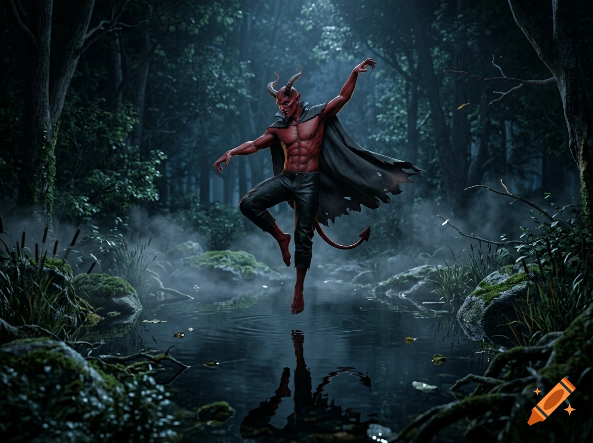 A photorealistic red devil with horns and a cape dancing while levitating above a dark forest pond.