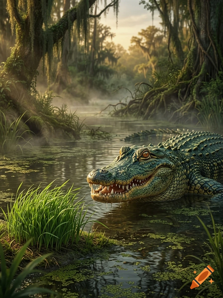 An alligator with scaly skin and visible teeth emerges from the water in a misty, sunlit swamp surrounded by cypress trees and grassy banks.