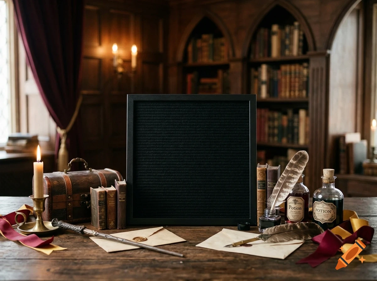 A blank black message board centered on a wooden table, surrounded by a wizard's desk items including books, a magic wand, potion bottles, feathers, envelopes, a lit candle, and a bookshelf background in a library.
